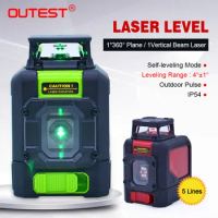 OUTEST Laser Level meter 901C green/red beam 5 lines Self-leveling 1*360 Plane/1Vertical Beam 3D laser Leveler with L-bracket