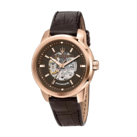 【MASERATI 瑪莎拉蒂】SUCCESSO鏤空玫瑰金咖啡色皮帶機械腕錶44mm(R8821121001)