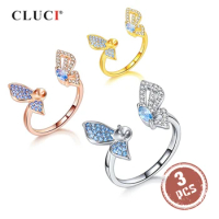 CLUCI 3pcs 925 Sterling Silver Rose Gold Ring for Women Silver 925 Pearl Ring Mounting Adjustable Butterfly Open Ring SR2234SB