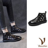 【Vecchio】真皮短靴 牛皮短靴/真皮頭層牛皮幾何縷空透氣時尚短靴(黑)