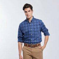 【NAUTICA】男裝 低調質感格紋長袖襯衫(深藍)