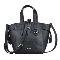 【FURLA 芙拉】FURLA NET LOGO釦式小牛皮手提斜背托特包(迷你/黑)