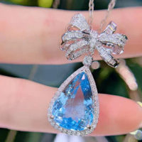 GUILD HN Fine Jewelry 18K White Gold Natural Blue Aquamarine 6.93ct Gemstones Diamonds Lady's Pendants for Women Fine Necklace