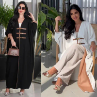 AliExpress fashion leather button cardigan Abaya Türkiye Arab Dubai color matching gown Arab outer Maxi dress Shein