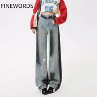 FINEWORDS Fashion Retro Tie-dye Wide Leg Jeans Women Streetwear High Waist Jeans Korean Full Length 