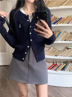 藏青色開衫短款針織衫外套女秋季小個子氣質修身毛衣長袖外衣上衣【雲木雜貨】