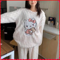 ☂[QC]Bộ ngủ/ ủ kem nữ lông xoắn dài tay HELLO KITTY mềm mại ấm áp freesize Áo Quần Ngủ Áo Ngủ Pijama