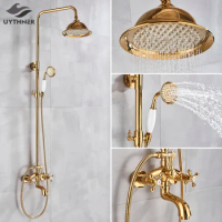 Gold Shower Faucet Bath Shower Mixer Tap 8" Rainfall Gold Shower head Bath Shower Set W/ Hand Shower Bathtub Faucet Wall Mounted
