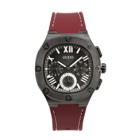 【GUESS】黑框 黑面 三眼日期顯示 圓角方型 酒紅色矽膠錶帶 男錶 手錶 母親節(GW0571G4)