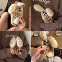 Cute Deer Plush Bunny Ears Phone Case for iPhone 17 Pro Max 16 Pro Max Christmas Gift R017