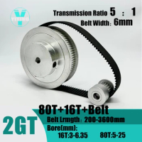 2GT 2M 80Teeth 16T GT2 16Teeth 80T Timing Belt Pulley Set Belt Width 6mm Bore 3~25mm 5:1 Wheel Synchronous Pulley Belt Kit