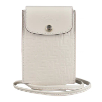 【LONGCHAMP】LONGCHAMP LE PLIAGE CUIR LGP奔馬LOGO釦式2卡壓印牛皮頸掛式手機套(米白)
