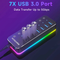 RSHTECH Powered 5Gbps USB C Hub 7 Port USB3.0 14 Mode RGB LED Strip 20W Power Adapter Aluminium Gami