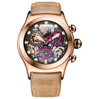 Reef Tiger/RT Skeleton Sport Watches for Men Rose Gold Luminous Quartz Watches Genuine Leather Strap RGA792