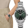 天梭 T1502101109100 PR 100 系列 簡約大三針 女錶 34mm 橄欖綠色 不鏽鋼表帶 防水100米