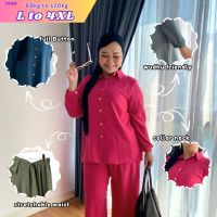 Durable Plus Size (L-4XL) Ironless Cool Fabric Cey Crepe Full Button Muslimah Palazo Shirt Set (4911