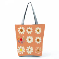 Floral Daisy Printed Handbags Eco Reusable Shopping Bag Tote High Capacity Women Shoulder Bag Orange Travel Beach Storage Bag