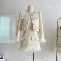 Tesco White Women Skirt Sets Short Blazer And Skirt With Feather Chic Tweed Women Suit Sets For Party For Women 2024 Spring