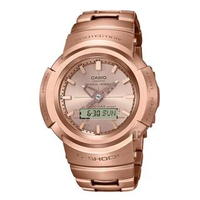 【CASIO 卡西歐】AWM-500GD-4A(全金屬太陽能電波錶-圓-玫瑰金)
