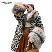 Ftangaiur Winter Imported Fox Fur Coat For Female Natural Fur Coat Leopard With Fox Fur Collar Women's Medium Woolen Fur Coats