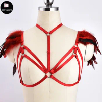 Women Feather Sexy Body Harness Red Feather Epaulettes Cage Bra Punk Goth Angel Wings Body Cage Festival Rave Bondage Lingerie