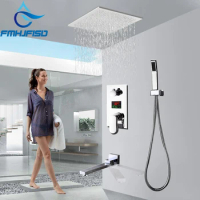 LCD Digital Display Bath Shower Faucet Embedded Box Triple Valve SUS304 Shower Head Rotation Spout Concealed Bath Faucets