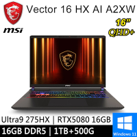 微星 Vector 16 HX AI A2XWIG-014TW-SP1 16吋 灰(Ultra 9 275HX/16G/1TB+500G/RTX5080 16G/W11)特仕版