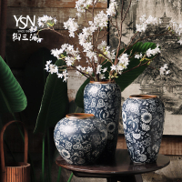 御三泥臺面青花陶瓷花瓶新中式復古客廳仿真花干花插花裝飾擺件