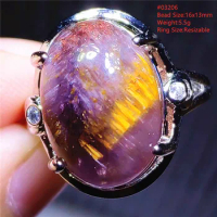 Natural Purple Cacoxenite Rutilated Adjustable Ring 925 Sterling Silver Oval Fashion Gift Auralite 23 Ring Healing AAAAA