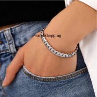 [COD] gelang titanium model rantai pipih silver pria dan wanita