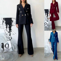 Tesco Flare Pants Sets For Women 2 Piece Full Sleeve Blazer Slit Trousers Suits Autumn New Design Female Outfits For Office Lady