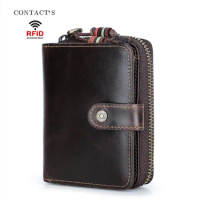 Men's Leather Wallet RFID Anti-theft Brushed Leather Men's Wallet Multifunctional Zipper Buckle Wallet