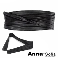 【AnnaSofia】寬腰帶腰封皮帶-交叉璇魔鬼粘軟皮革 現貨(黑系)