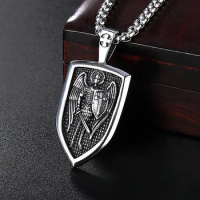 316L Stainless Steel Angel Warrior Shield Pendant Necklace Men's Retro Angel Cross Necklace Knight Amulet Halloween Gift