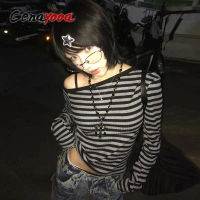 Áo thun nữ Genayooa phong cách Nhật Bản Y2K, tay dài, trễ vai, sọc, dáng crop top, grunge Y2K, thẩm 