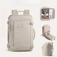 Travel backpack with 28-38 liter expandable capacity, built-in 15.6-inch laptop compartment and shoe