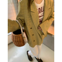 【iFOCUS】質感特別黃灰細格子時髦套裝西裝外套(西裝外套)
