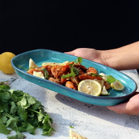 創意粗陶盤沙拉焗飯淺口盤魚盤不規則手工創意長條盤日式料理盤
