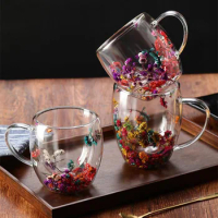 Real flower double-layer glass cup with handle heat-resistant tea coffee cup espresso milk cup creative gift simple style
