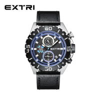 Extri Men Watch Genuine Leather Creative Fashion Quartz Dial with Chronograph Auto Date Clock Male Casual Wristwatches