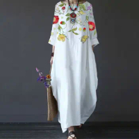 Women Long Dress Round Neck 3/4 Sleeves Casual Dress Floral Print Pullover Loose Summer Dress For Vacation