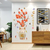 Large Vase Wall Sticker Chinese Style Plum Blossom House Decoration Art Peony Home Decor for Bedroom Living Room