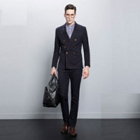 西裝外套 兩件套套裝-歐式條紋雙排釦休閒男西服72ag5【獨家進口】【米蘭精品】