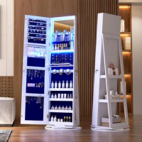 LED Light Jewelry Cabinet with Full Length Mirror 360° Swivel, Large Jewelry Organizer Armoire Lockable Free Standing Mirror