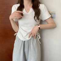 (YF) BJ1668 Baju Wanita Kaos Spandek Korea T-shirt Lengan Pendek Ramping Tali Serut V-Neck Lembut  B