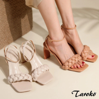 【Taroko】羅馬之旅編織麻花方頭粗高跟涼鞋(2色可選)