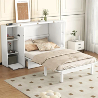Queen Size Murphy Bed with Shelves, Drawers and USB Ports, single and double beds for children, adult and adolescent beds