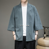 日式和服（男）汗蒸服 中國風道袍男士漢服盤扣唐裝披風日系日式和服羽織開衫七分袖襯衫『xy3750』