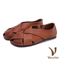【Vecchio】真皮娃娃鞋 低跟跟鞋/全真皮頭層牛皮交叉縷空舒適軟底低跟鞋(黑/棕)