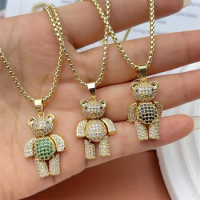 2023 Hot Sale Cute CZ Teddy Chunky Big Crystal Bear Necklaces For Women CZ Rhinestone Necklace Gold Plated Animal Jewelry Gifts